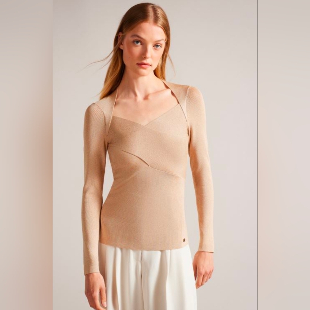 Ted Baker Eloisy Cross Over Metallic Top Dusky Pink Multicol Size 4 Long Sleeve